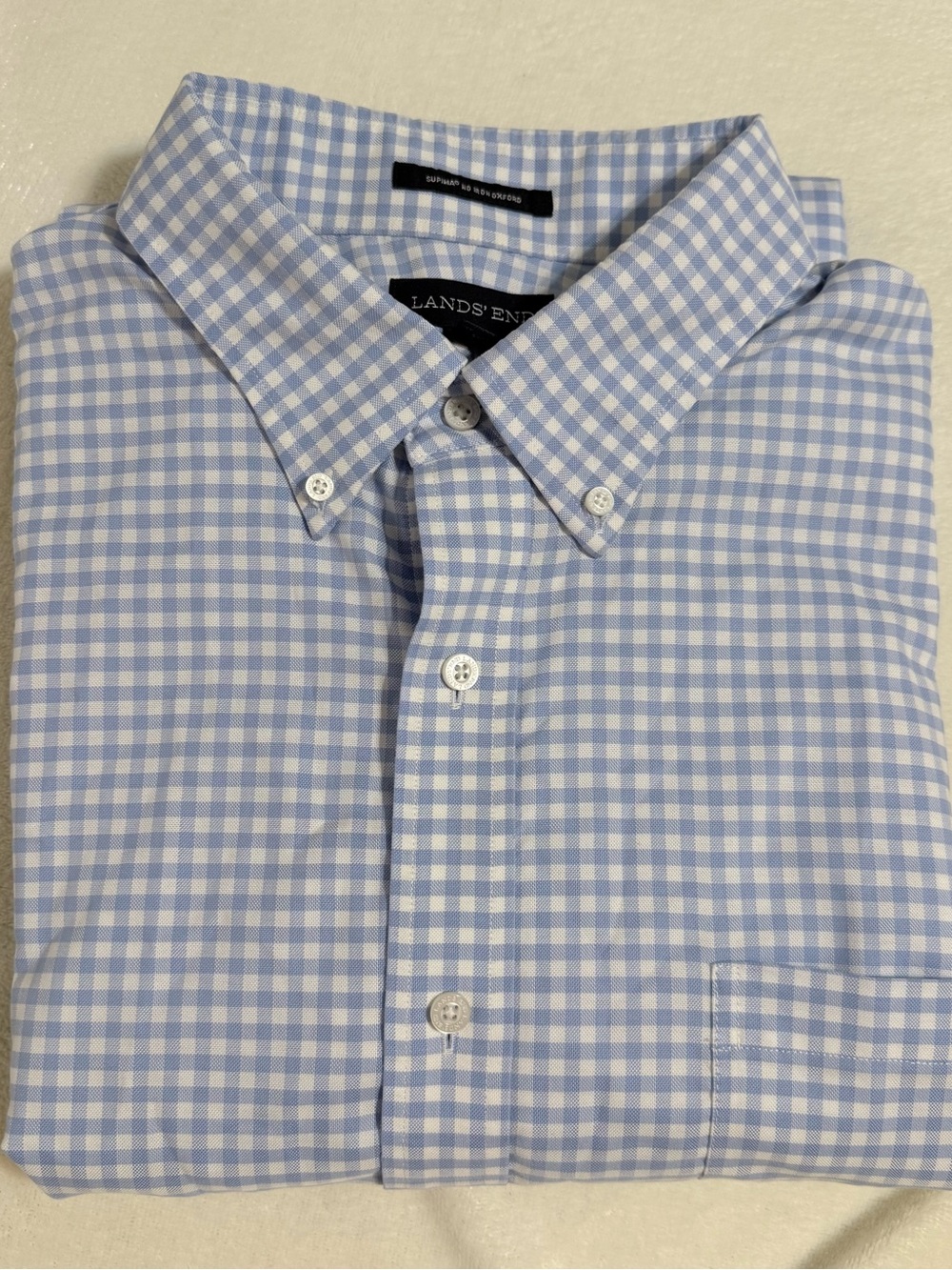 Lands' End Men's Light Blue and White Gingham Button-Down Short Sleeve Shirt